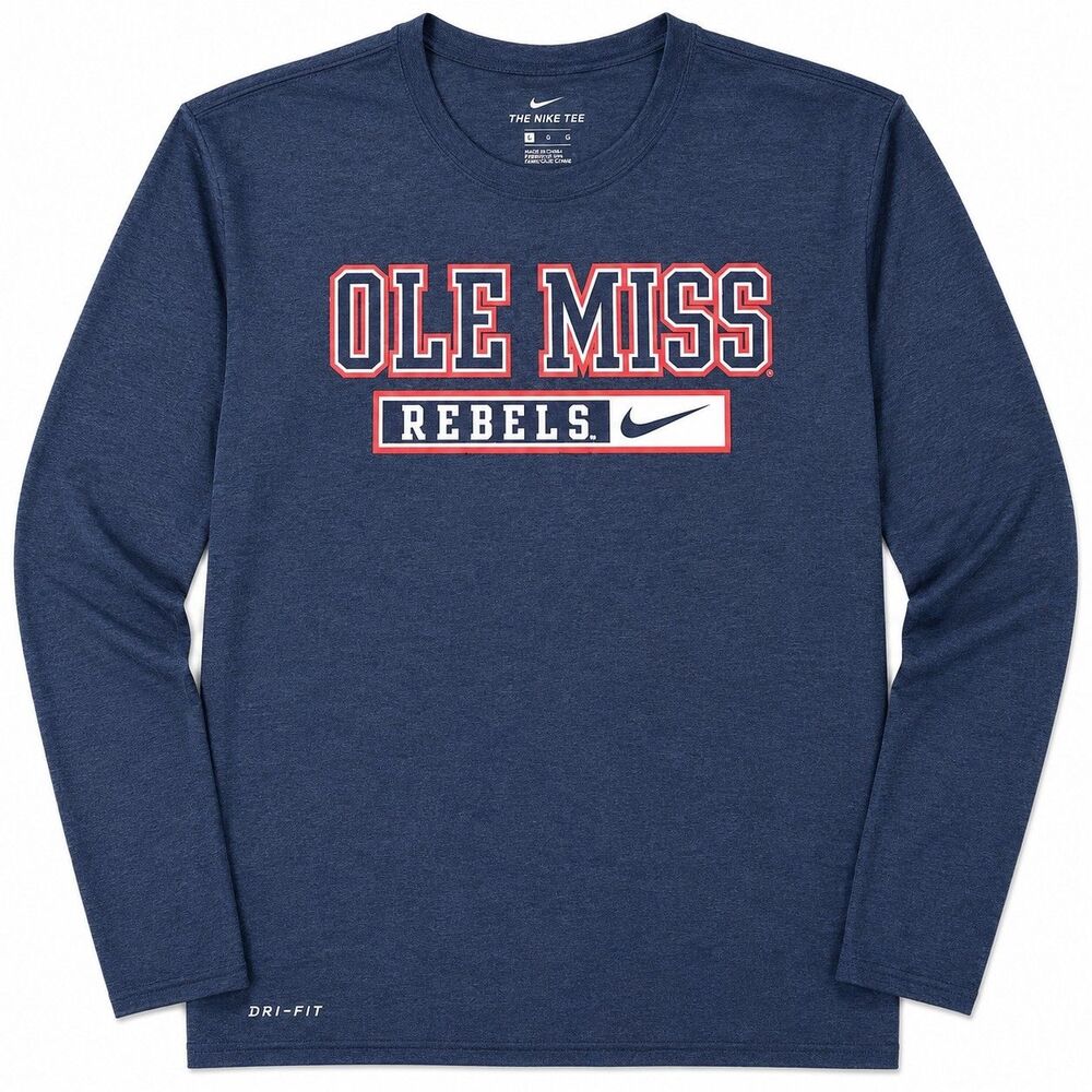 Mens Nike DriFit Ole Miss Rebels Long Sleeve T Shirt XL Blue Athletic Cut